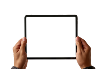 Hands touching blank screen of black tablet computer, isolated on white background