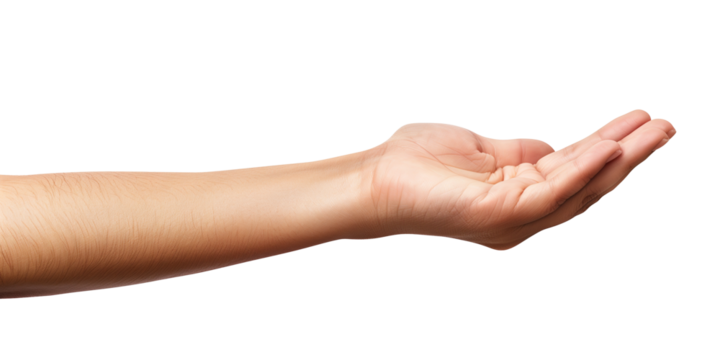 A man's hand outstretched, isolated from a transparent white background