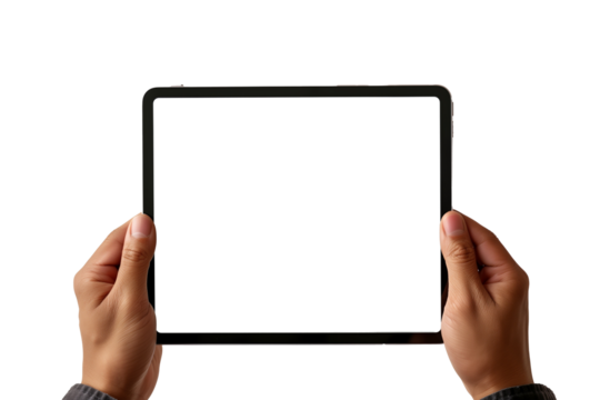 Hands touching blank screen of black tablet computer, isolated on white background
