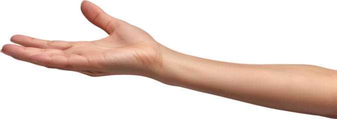 A woman's hand isolated from a white background, transparent holding something with open hand