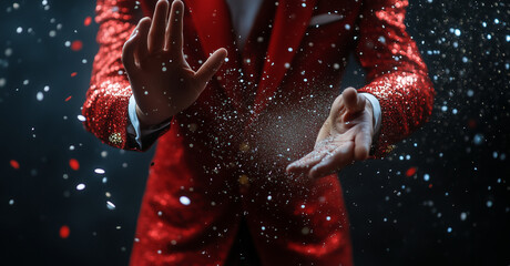 A magician performing a disappearing magic trick - open hands, red suit jacket with confetti and sparkles in the air - black background