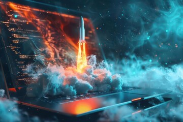 futuristic scene of a space rocket launching from a laptop screen dynamic composition with flames and smoke cool blue tones contrast with fiery oranges