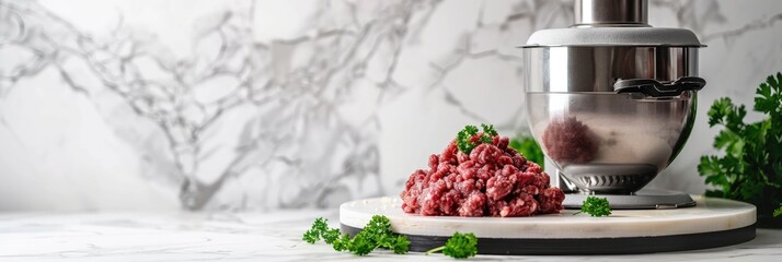 Electric meat grinder with ground beef on white marble kitchen table blank space for text