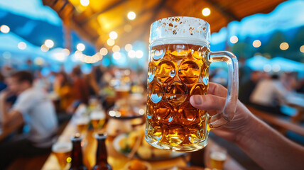 Holding a beer stein at an outdoor Oktoberfest event