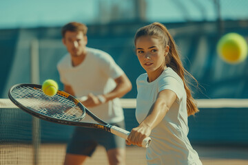 Dynamic Mixed Doubles Tennis Match on a Sunny Court With Passionate Players Engaged in Intense Rally