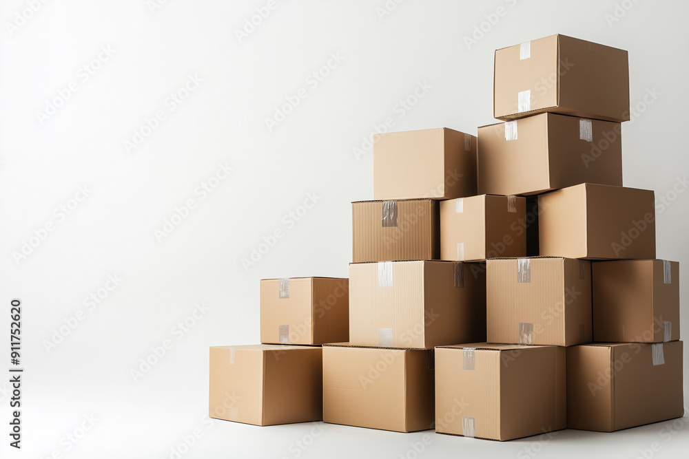Poster A stack of cardboard boxes with a white background. The boxes are of different sizes and are piled on top of each other