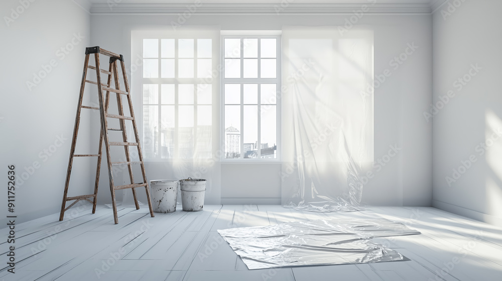 Aufkleber a white room with a ladder leaning against the wall and two buckets. the room is empty and has a cle