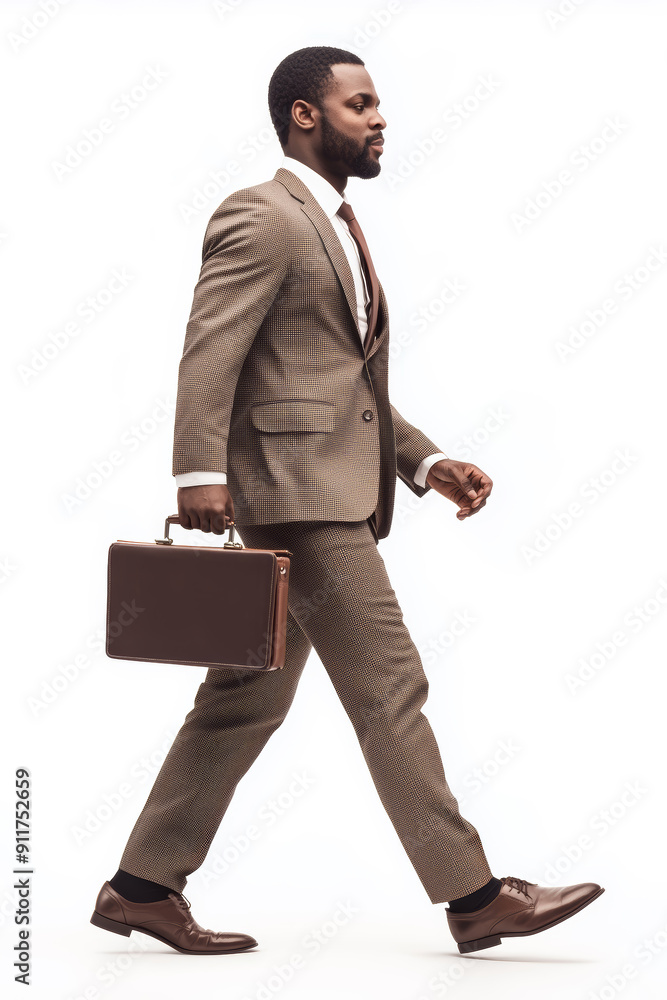 Poster a man in a suit and tie is walking down a white background with a briefcase in his hand. concept of 