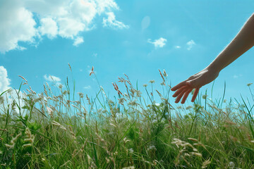 Fototapeta premium A Hand Reaches Out to Touch the Lush Green Grass Beneath a Clear Blue Sky on a Sunny Day