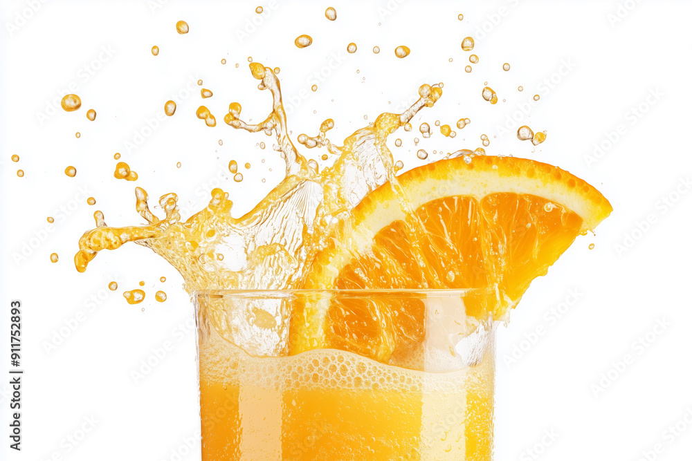 Poster A glass of orange juice with a slice of orange on top. The juice is splashing out of the glass, creating a fun and playful atmosphere