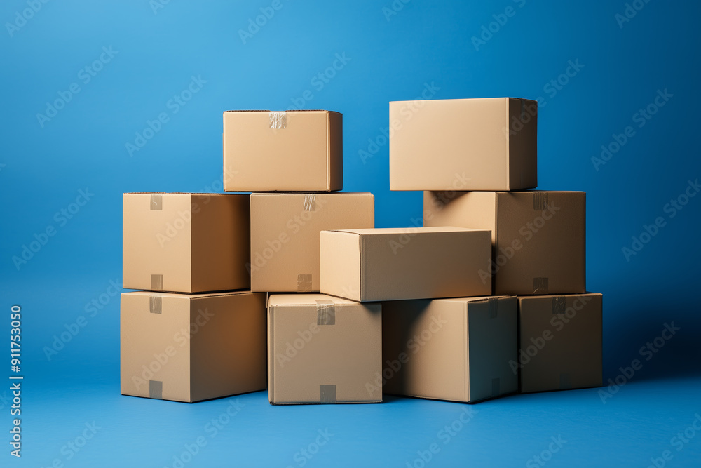 Poster A stack of cardboard boxes with a white blue. The boxes are of different sizes and are piled on top of each other