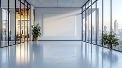 Obraz premium White blank wall in a modern office interior with glass doors and windows, mockup template, banner 