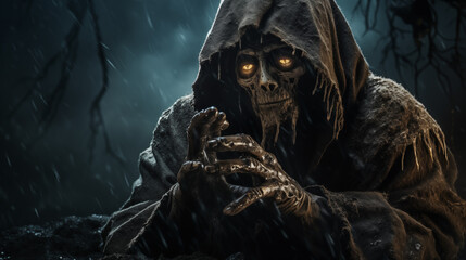Obraz premium Grim Reaper With Glowing Eyes In Hooded Cloak Clasping Hands In Mysterious Dark Forest Scene