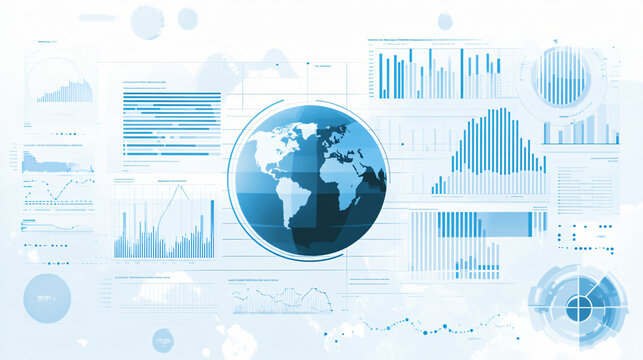 A digital infographic with a globe, graphs, and statistical data representing global financial trends, displayed on a light blue and white background