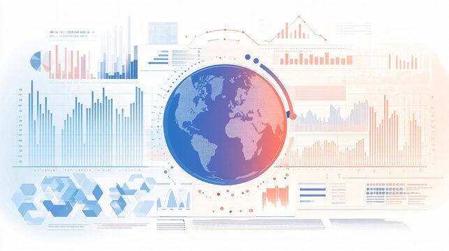 A digital infographic with a globe, graphs, and statistical data representing global financial trends, displayed on a light blue and white background