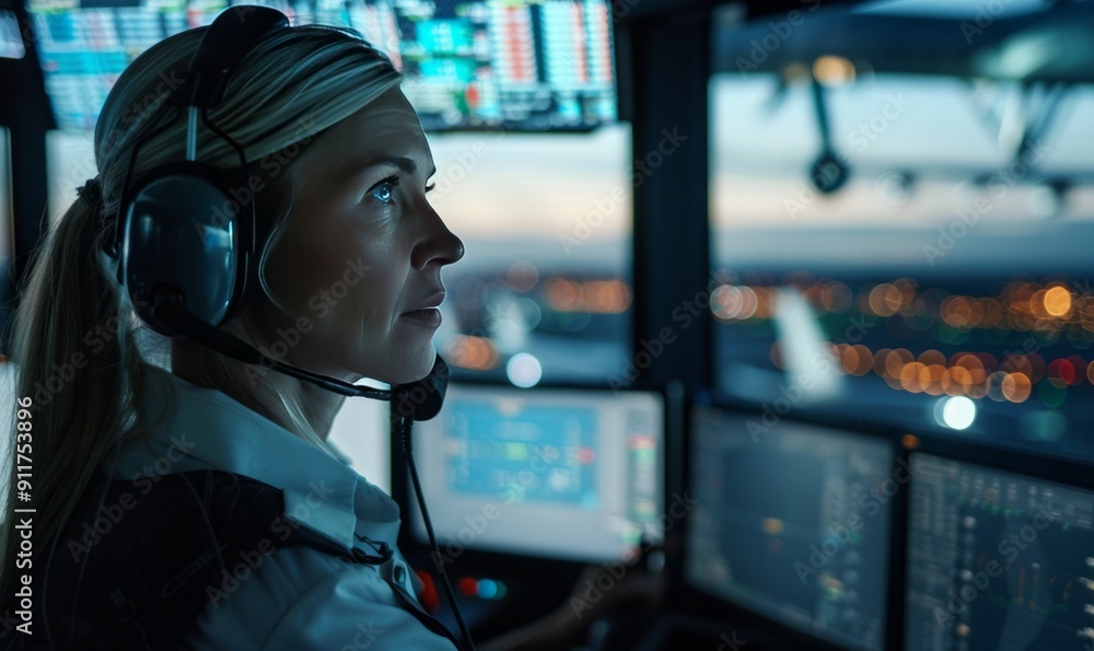 Poster busy airport dispatcher handling real-time flight data and coordinating with pilots