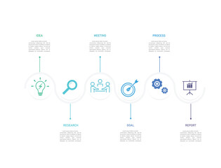 Business infographics line process with template with icons and 6 options or steps.infographics of business,idea,research,meeting,process,goal,report.for infographics design template
