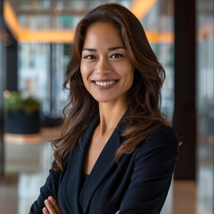 Obraz premium Close-up photo of a smiling businesswoman radiates cheerfulness in the office lobby
