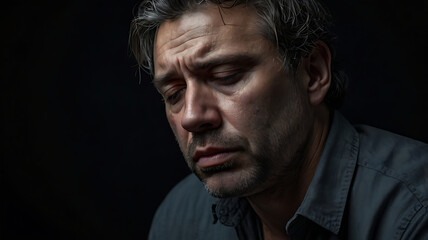 Obraz premium man suffering from depression looking down on black background