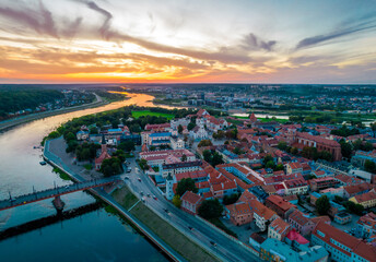 Kaunas old town, Lithuania. Aerial view of a colorful summer sunset over the city and Nemunas and Neris river confluence