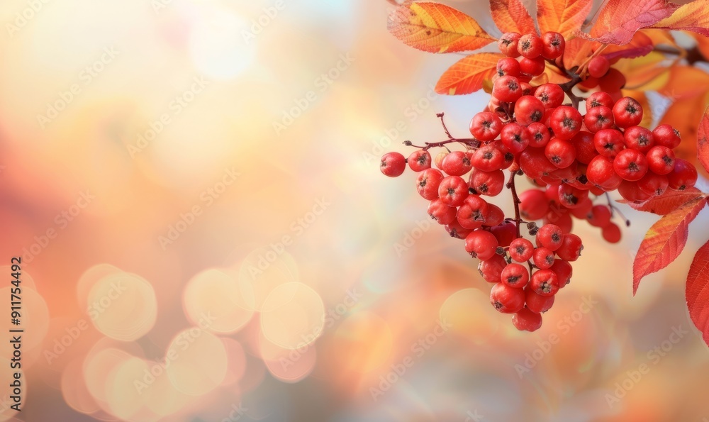 Poster Close-up of red rowan berries and leaves on a branch in autumn, with sour yet vitamin C-rich berries, against a blurred background with selective focus and ample copy space image.