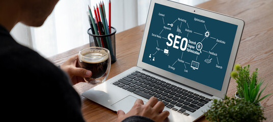 SEO search engine optimization for modish e-commerce and online retail business showing on computer...