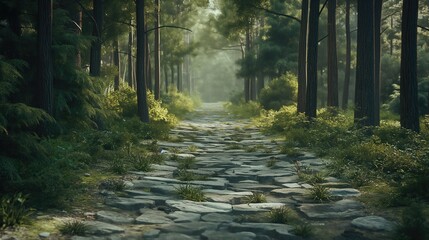 Fototapeta premium Stone path surrounded by tall trees in the forests.