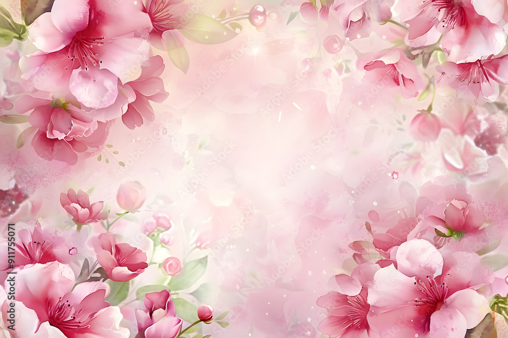 Wall mural Soft pink flower frame background with gentle watercolor strokes, background, frame, pink, floral, watercolor