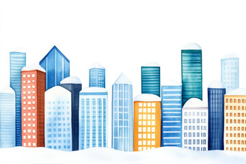 Obraz premium Watercolor illustration of a snow-covered city skyline during winter, ideal for holiday decor and seasonal greetings