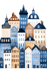 Watercolor illustration of picturesque European houses capturing the essence of urban city living and Scandinavian architecture
