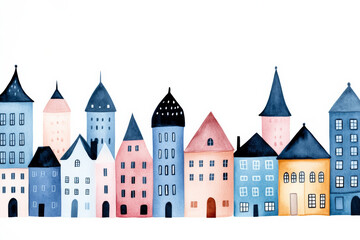 Watercolor illustration of colorful European houses in a whimsical style, ideal for holiday cards or urban scenes