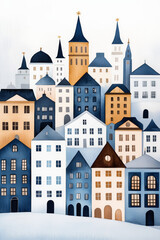 Whimsical illustration of a European village in winter, showcasing festive holiday homes and tranquil snowy scenery