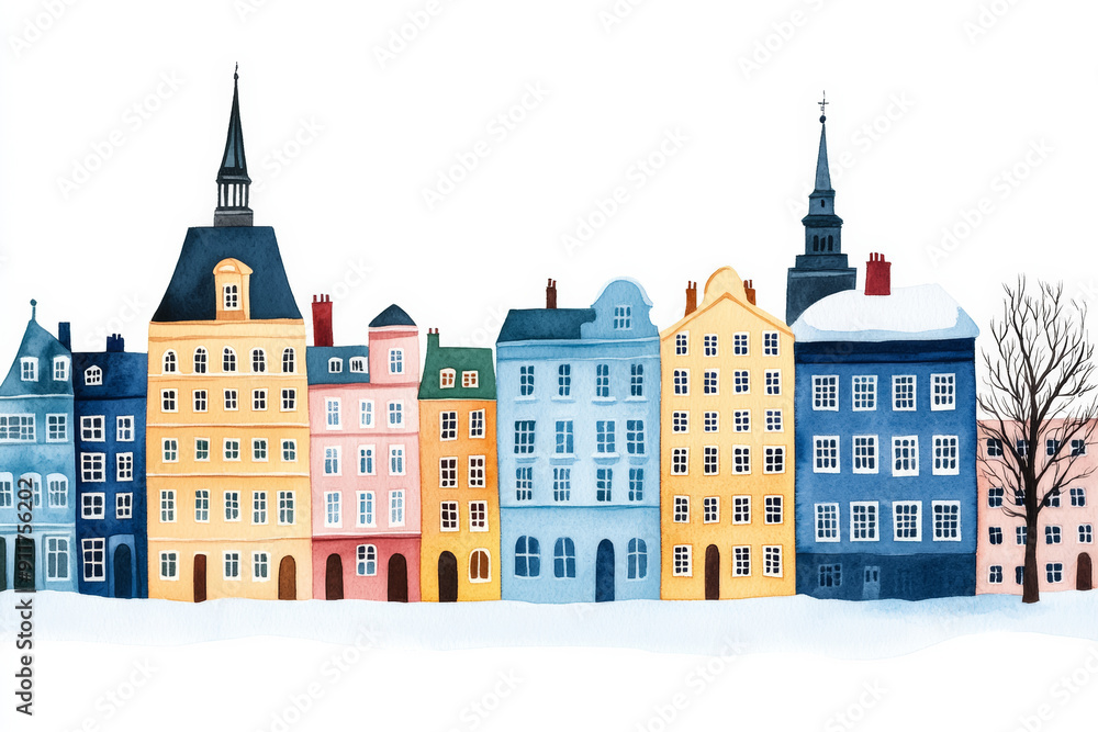 Sticker Colorful winter European townhouses with snow-covered roofs and a leafless tree, illustrating cozy holiday season ambiance