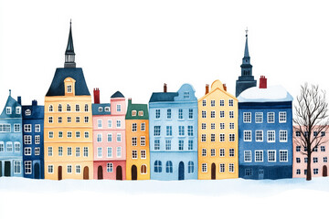 Colorful winter European townhouses with snow-covered roofs and a leafless tree, illustrating cozy holiday season ambiance