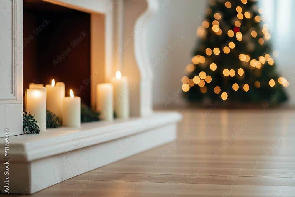 Poster Cozy Christmas scene with lit candles on the fireplace and a decorated tree, evoking holiday warmth and cheer