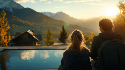 Fototapeta premium Scenic mountain resort with happy guests, showcasing luxury travel and adventure experiences
