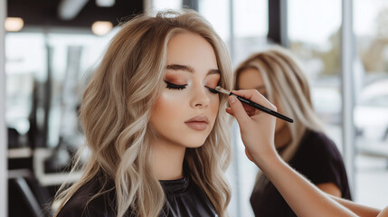 Professional makeup artist applying makeup, showcasing beauty services and products