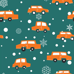 Seamless pattern with cute car on color background. Cartoot transport. Vector illustration. Doodle style. Design for baby print, invitation, poster, card, fabric, textile