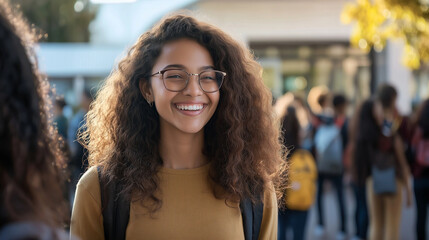 A smiling teacher greeting students at the school entrance, welcoming them to the first day of school