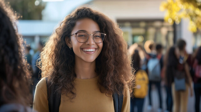 A smiling teacher greeting students at the school entrance, welcoming them to the first day of school