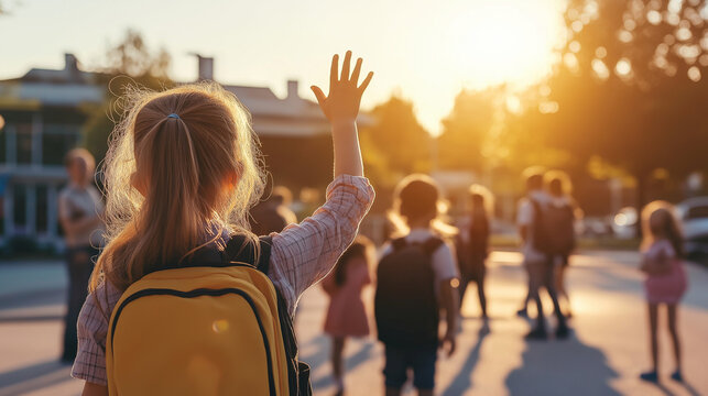 Children waving goodbye to their parents at the school gate, ready for their first day