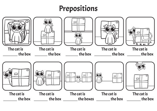 Prepositions with a cat as the model, english learning for kids, cute hand drawn pictures, fill the blanks, color yourself