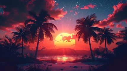 A beautiful sunset over the ocean with a palm tree in the foreground. The sky is filled with pink and orange hues, creating a serene and calming atmosphere. The water is calm and still