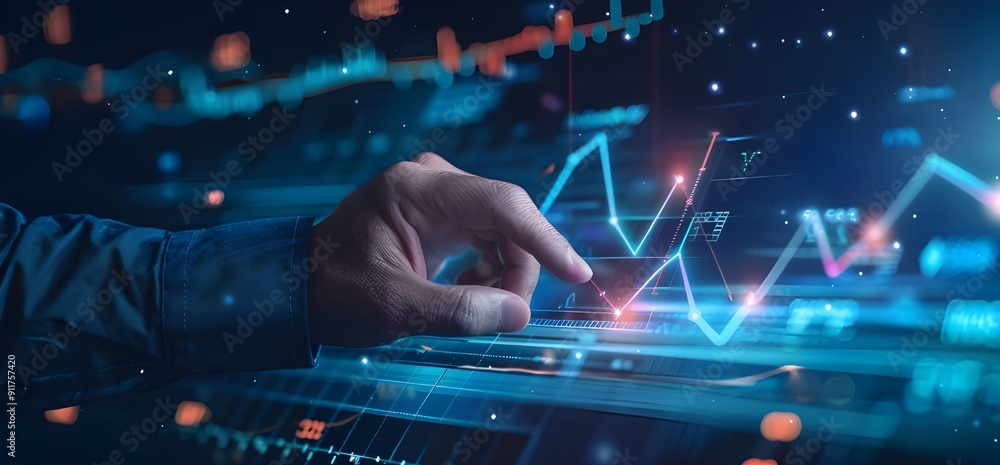 Poster businessman touching a financial graph with a stock market chart and business growth concept on a vi