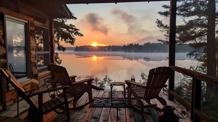Peaceful morning at a cozy lakeside cabin with a beautiful sunrise over the water.