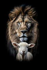 Lion And Lamb Mystical Union: The Powerful Lion of Judah and the Gentle Lamb of God in a Symbolic Embrace of Strength and Innocence.  Black Background Christian Illustration Bible Art. 