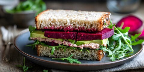 Vegan sandwich with avocado, red cabbage and beetroot, Vegan sandwiches with beetroot hummus