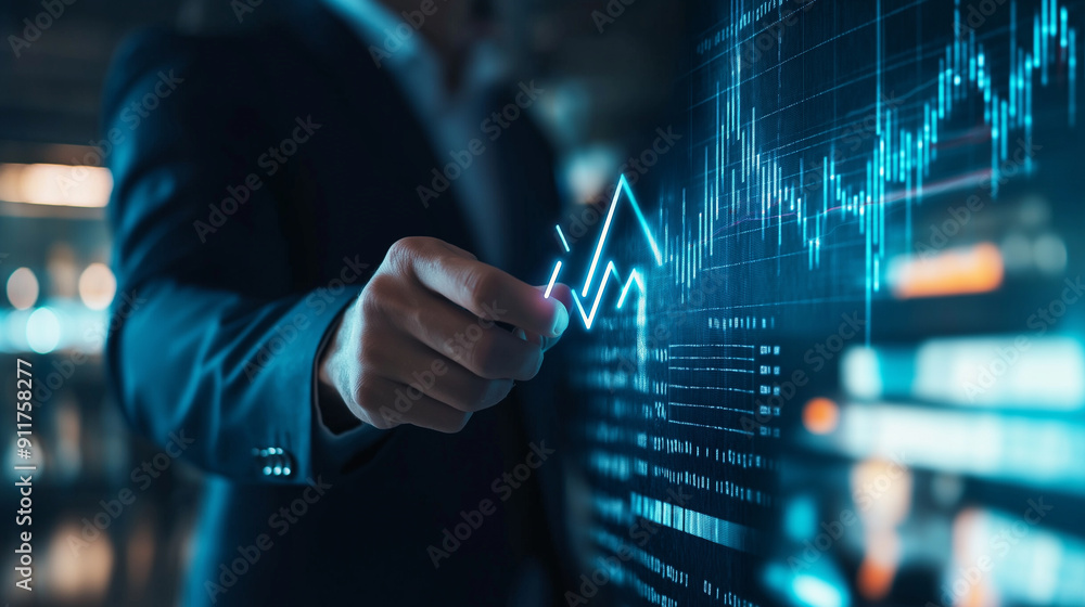 Aufkleber professional setting with a businessman displaying ai-enhanced financial projections, holding a digi