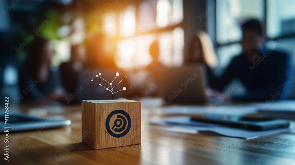 Poster business team developing ai-driven customer service strategies, wooden block with a target icon and 
