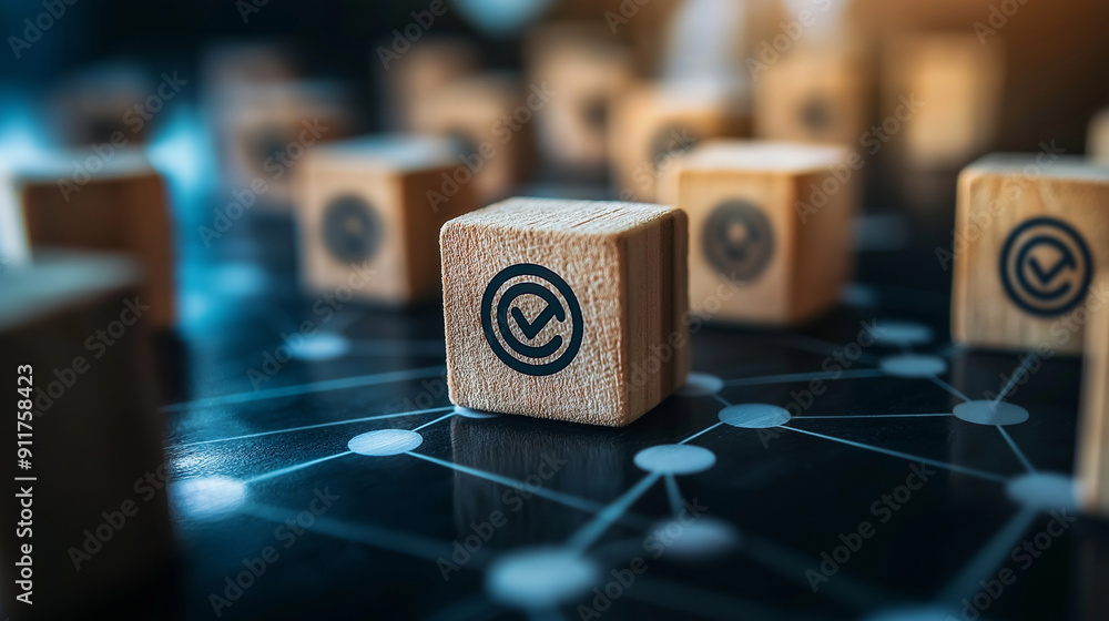 Poster business team developing ai-driven customer service strategies, wooden block with a target icon and 